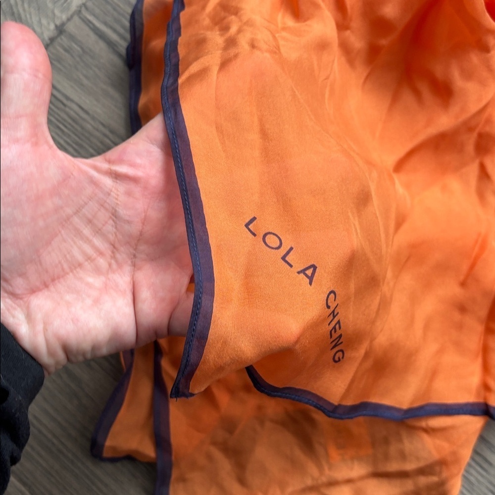 Lola Cheng | 100% Silk Scarf in Orange with Purple Edging - Picture 3 of 6